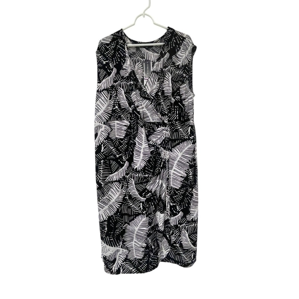 Jones New York Black White Leaf Print Faux Wrap Dress Womens Size 2X Stretch NWT